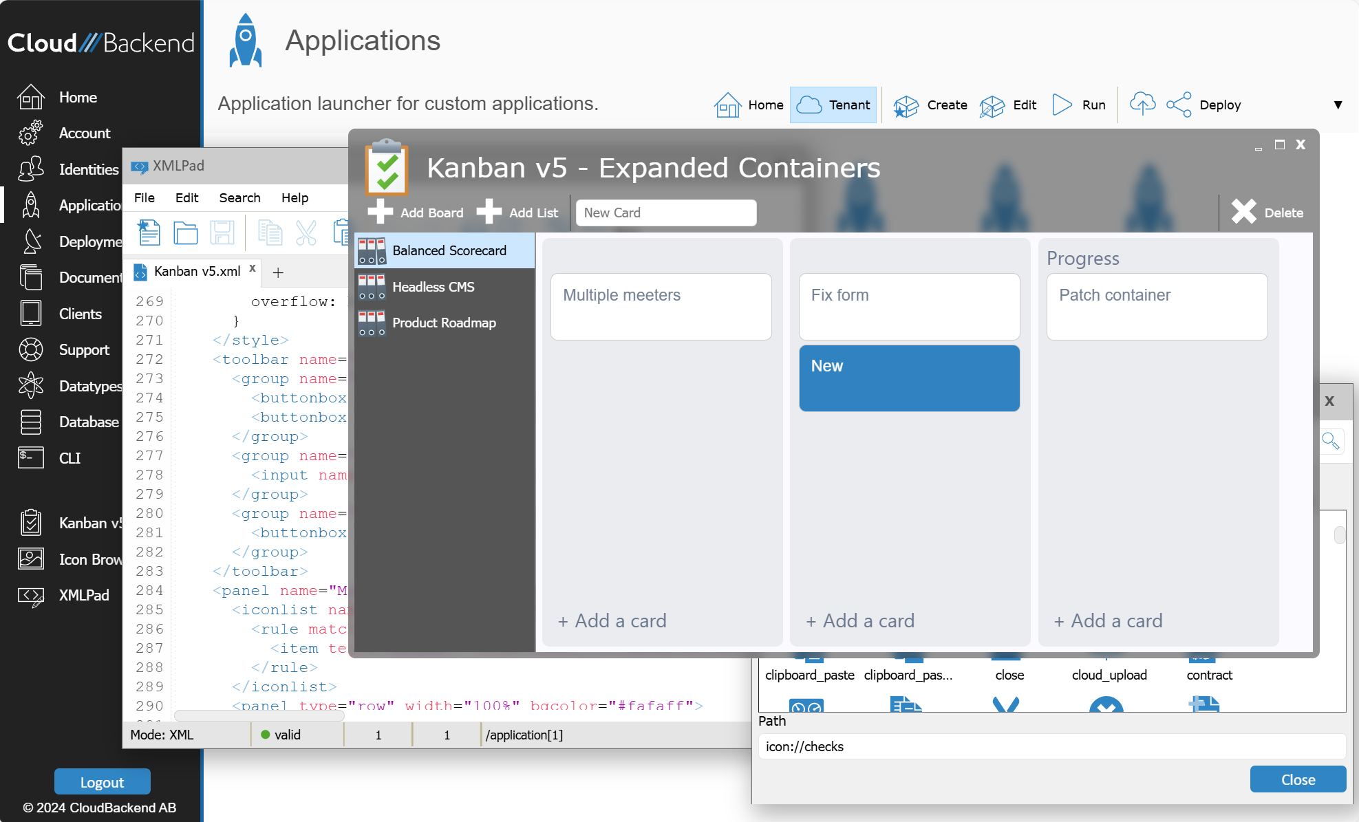 The CloudBackend console: Applications launcher, XMLPad editor with a Kanban app open, and the icon browser